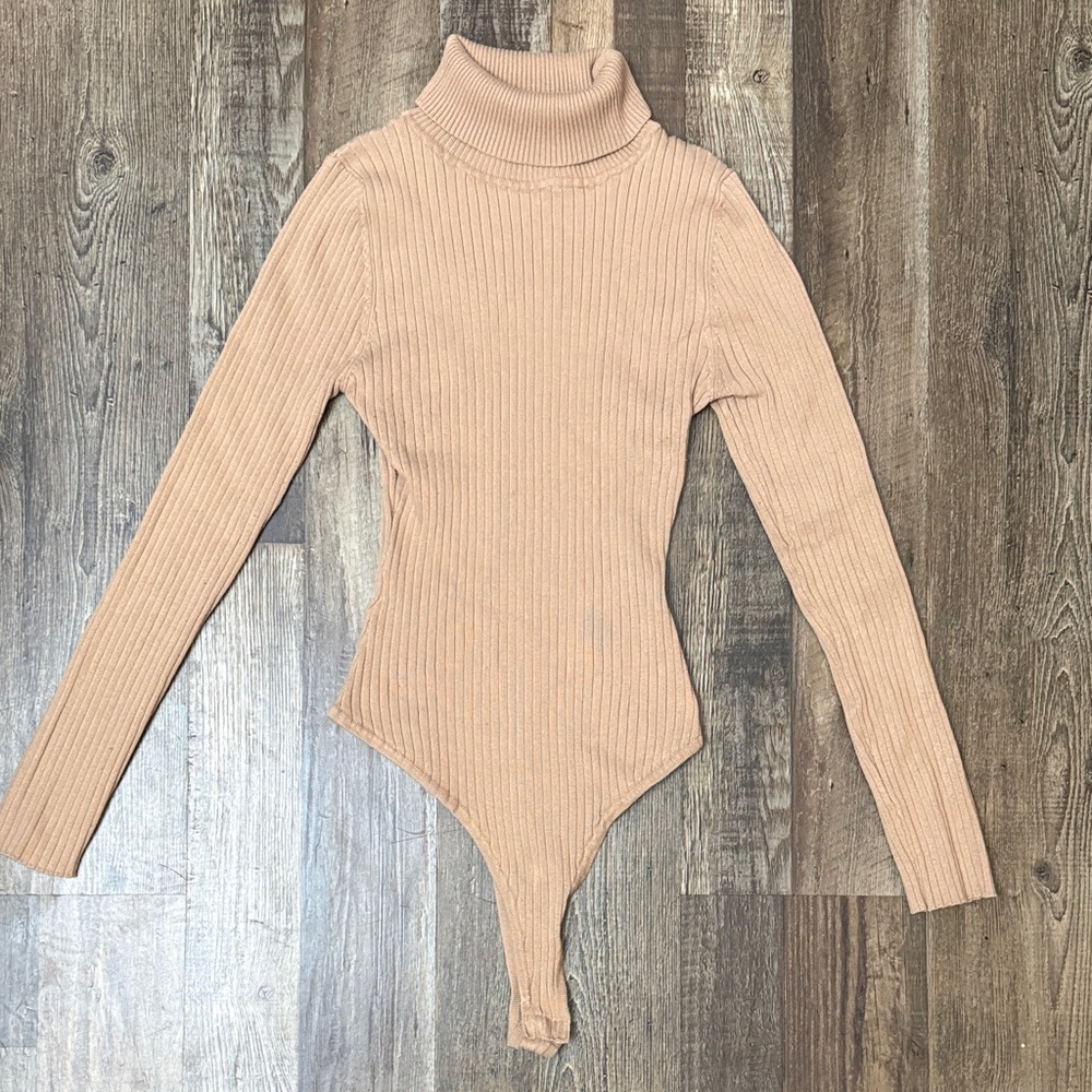 Impressions-Tan Ribbed Turtleneck Bodysuit